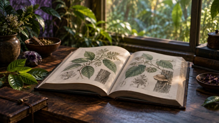 Aufgeschlagenes altes botanisches Buch mit Pflanzenzeichnungen auf einem Holztisch, daneben Schalen mit Kräutern, dahinter tropisches Grün